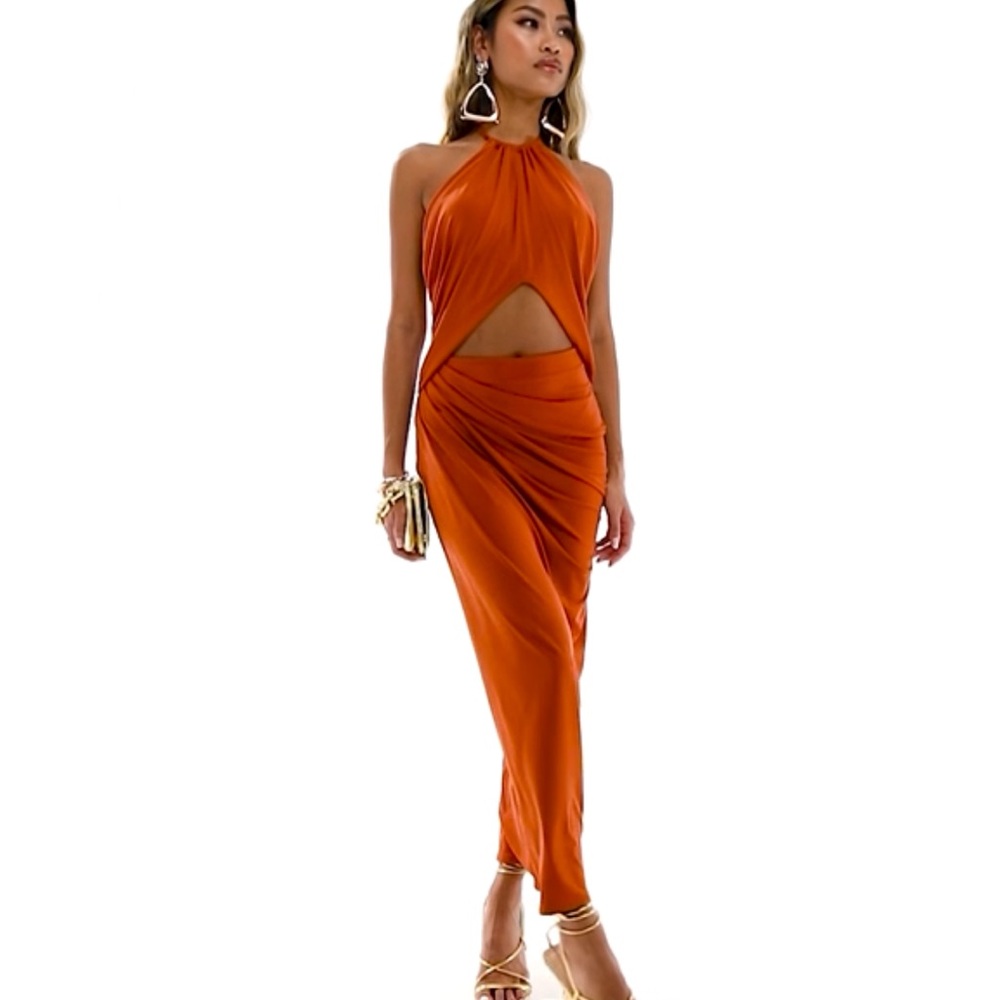 ASOS DESIGN halter ruched midi dress with central cut out detail in rust